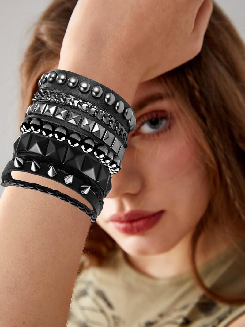 Ulekuke Store 4 Pcs Punk Rock Leather Studded Bracelets for Men Women 80s Gothic Spike Cuff Bracelet Set Emo Accessories for Rocker Outfits - Image 5